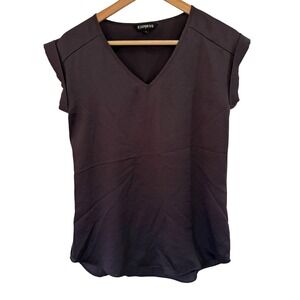 Express Women's Charcoal Gray V Neck Rolled Sleeve Casual Top XS‎